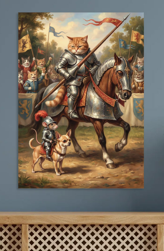 Cat Knight on Horse with Mace — metal poster wall art by Lineer